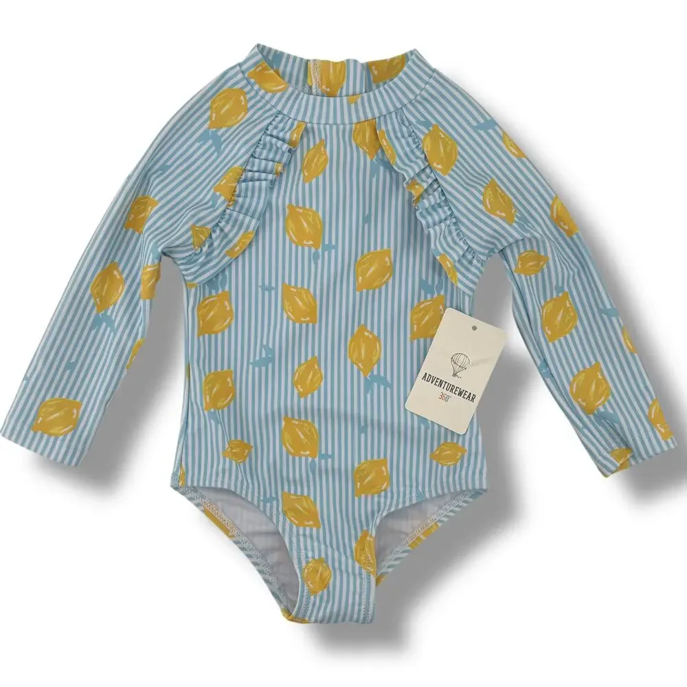 Fresh Lemon Stripe Ruffle Long Sleeve Rashguard Swim Suit Baby Girl Sz 12 Mos